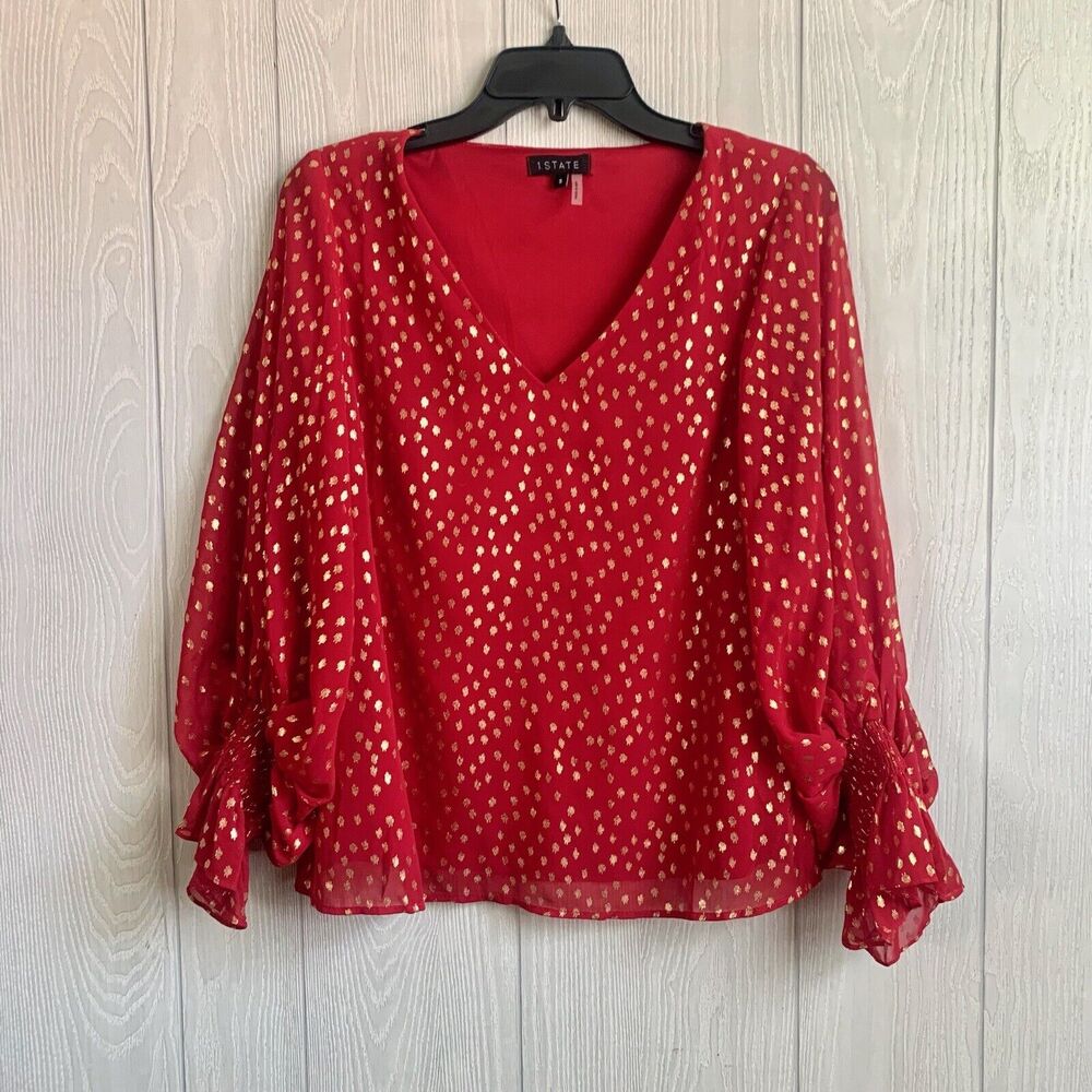 1. State Red/Gold Polka Dot V-Neck Long Sleeve Top Small